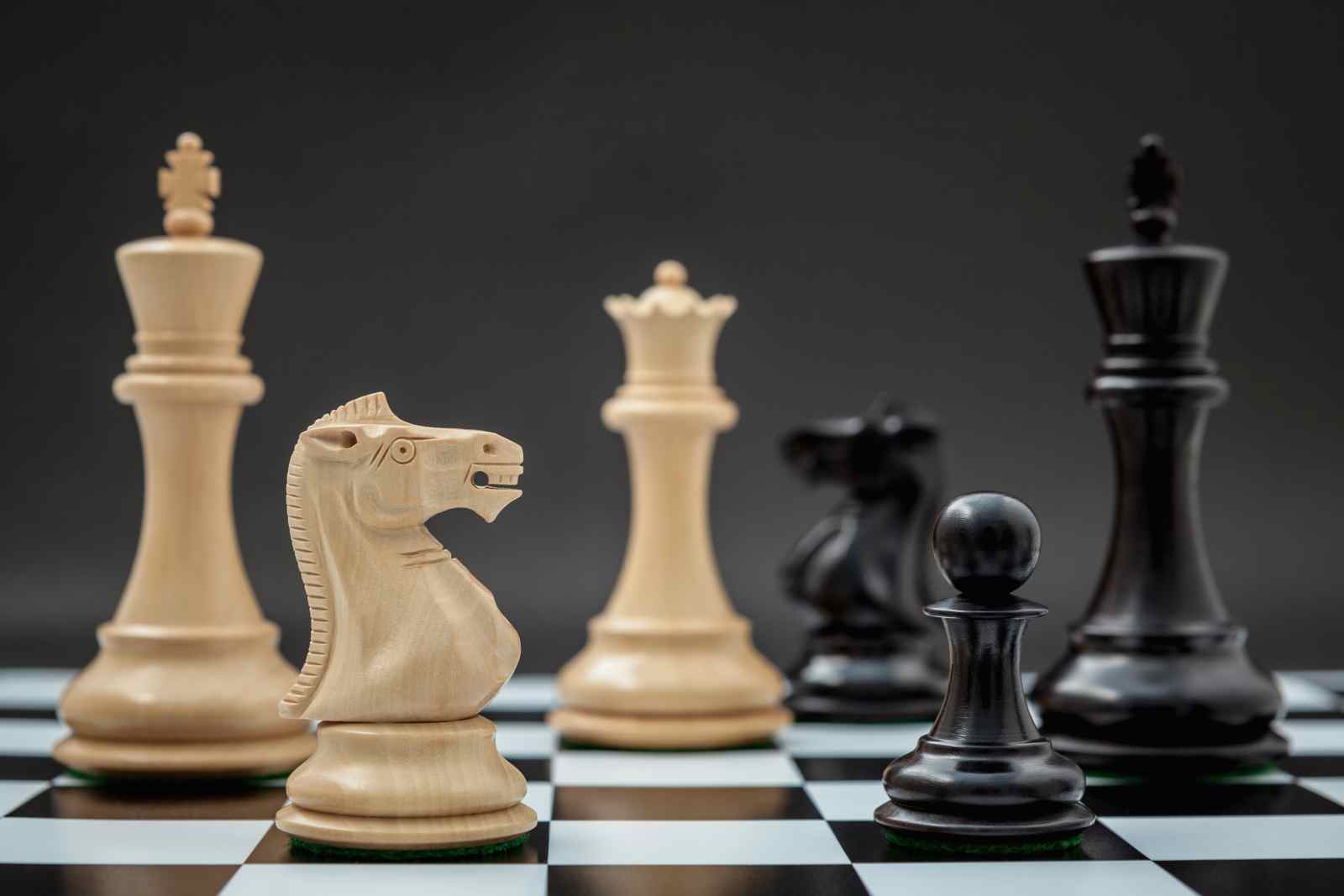 Black and White King and Knight of chess setup on Chessboard and dark background . Leader and teamwork concept for success.